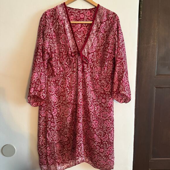 Boho Burgundy Silk Floral V Neck Loose Tunic Dress, Swim Cover up | One Size - Picture 1 of 5